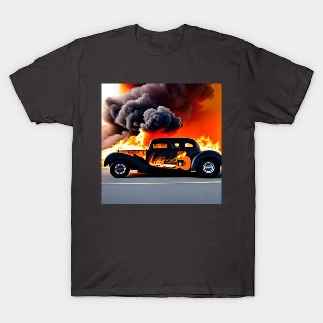 A Hot Rod Car With An Image Of A Guitar On The Side Surrounded By Fire And Smoke T-Shirt by Musical Art By Andrew